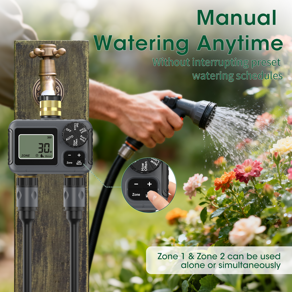 Hose Water Timer, Programmable Sprinkler Timer with Rain Delay/Manual/Automatic Drip Irrigation System for Outdoor Garden Yard, 2 Outlet