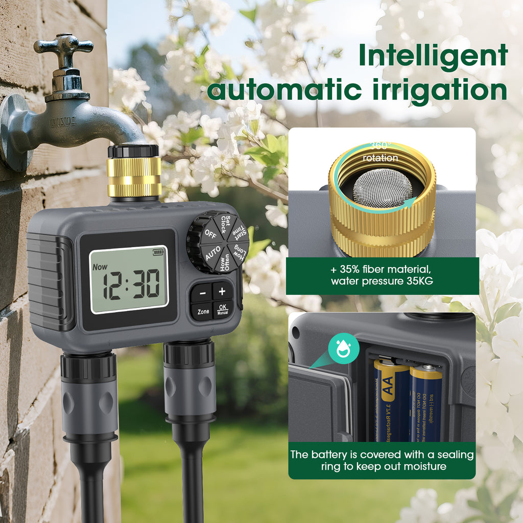 Hose Water Timer, Programmable Sprinkler Timer with Rain Delay/Manual/Automatic Drip Irrigation System for Garden Yard, 2 Outlet