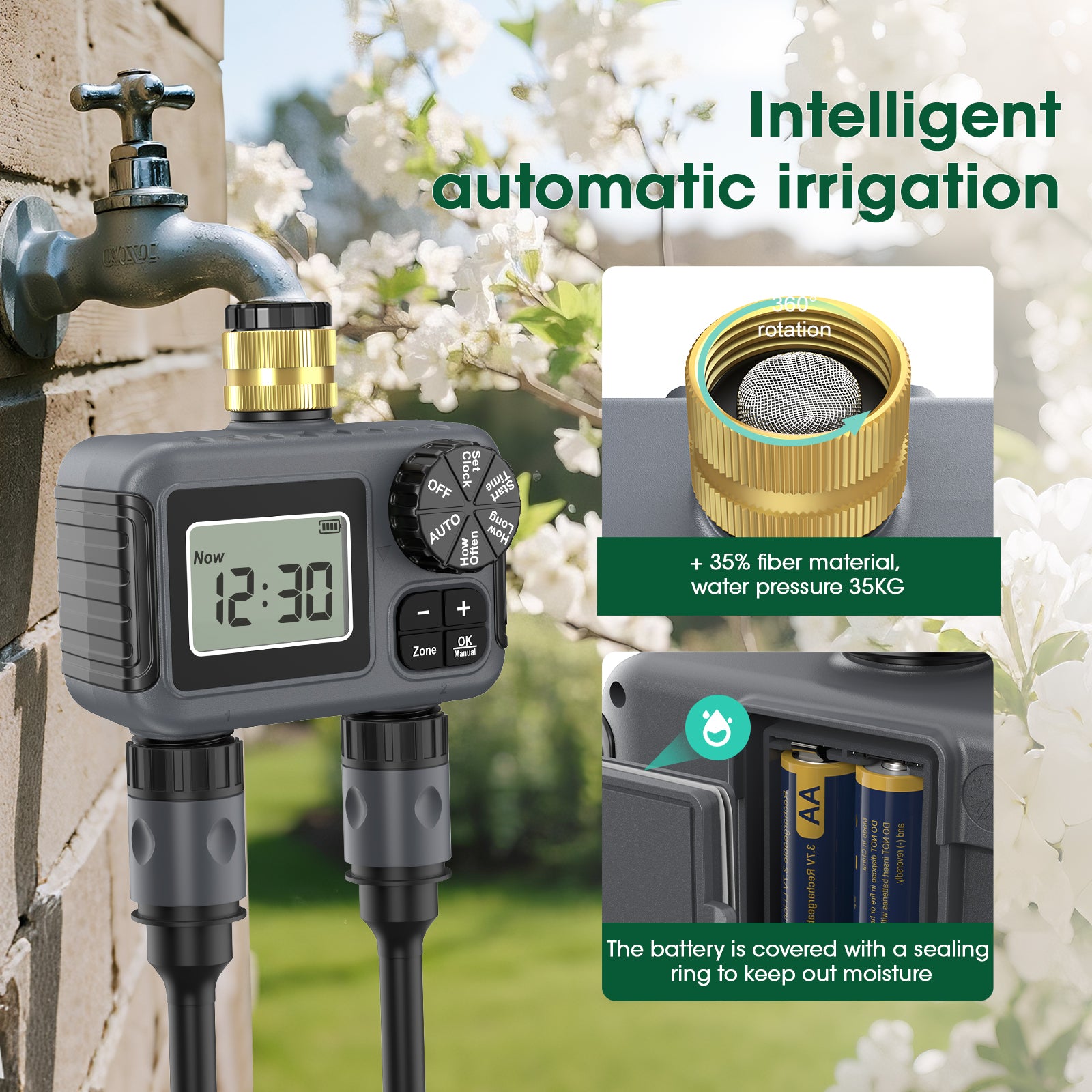 Hose Water Timer, Programmable Sprinkler Timer with Rain Delay/Manual/Automatic Drip Irrigation System for Garden Yard, 2 Outlet