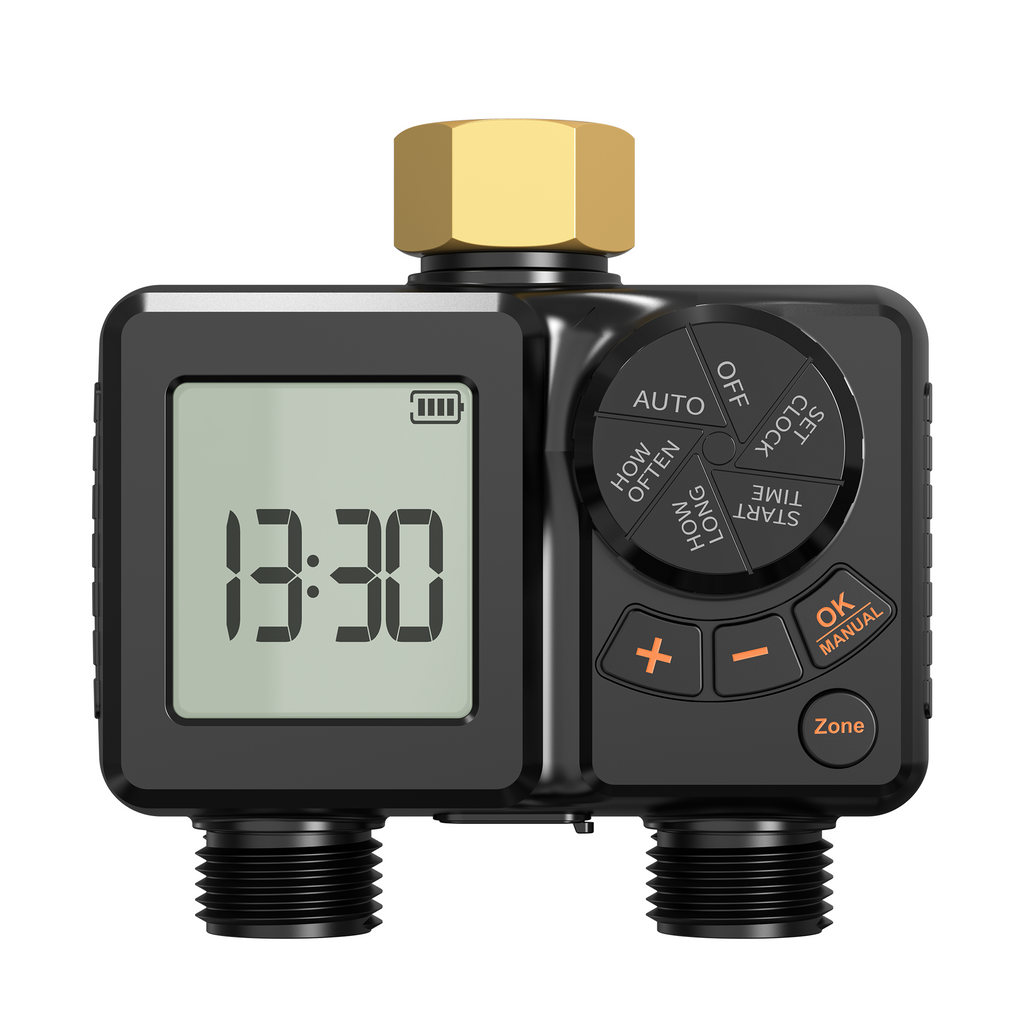 Rechargeable Battery Hose Water Timer, Programmable Sprinkler Timer with Rain Delay/Manual/Automatic Drip Irrigation System for Garden Yard, 2 Outlet