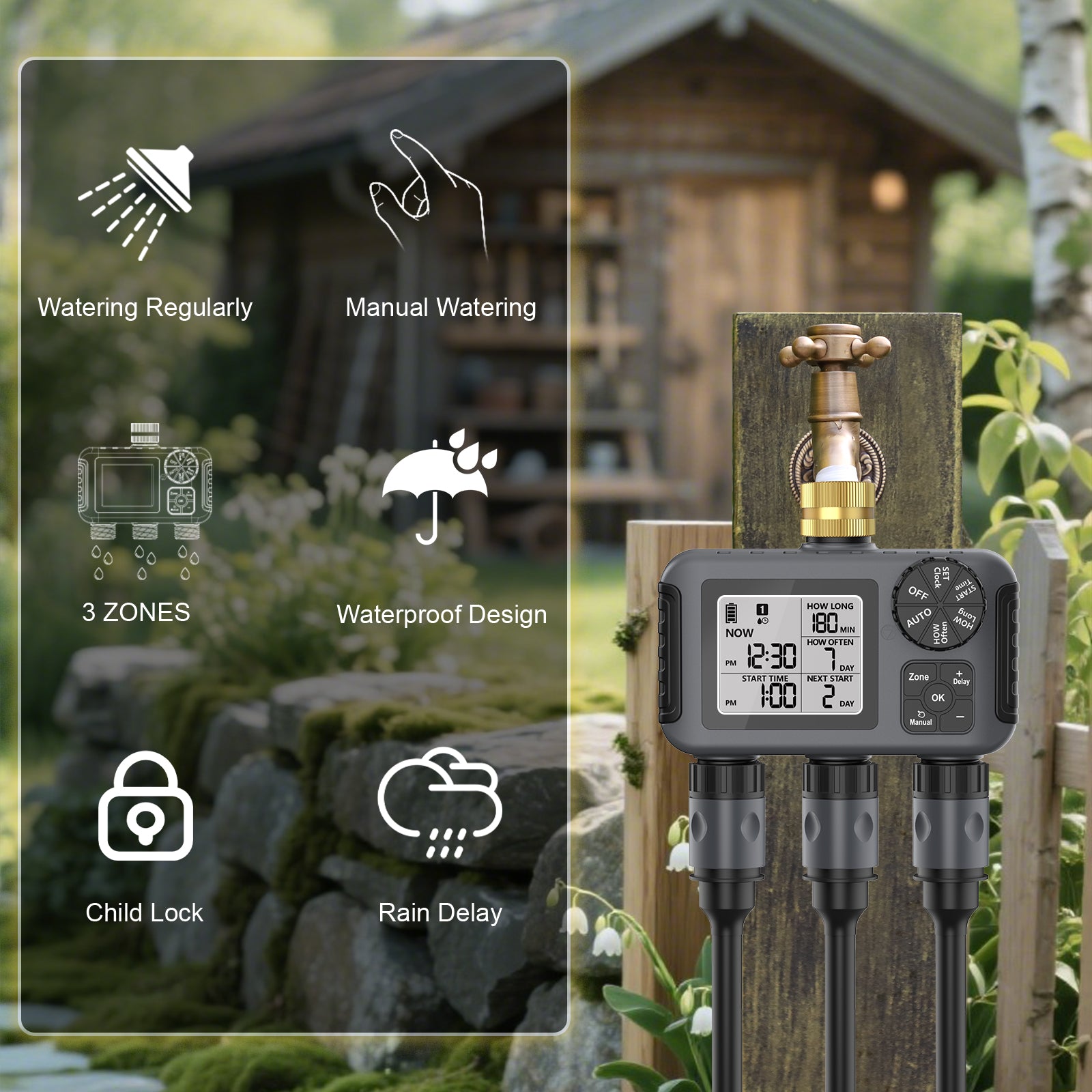 Hose Water Timer, Programmable Sprinkler Timer with Rain Delay/Manual/Automatic Drip Irrigation System for Garden Yard,3 Outlet