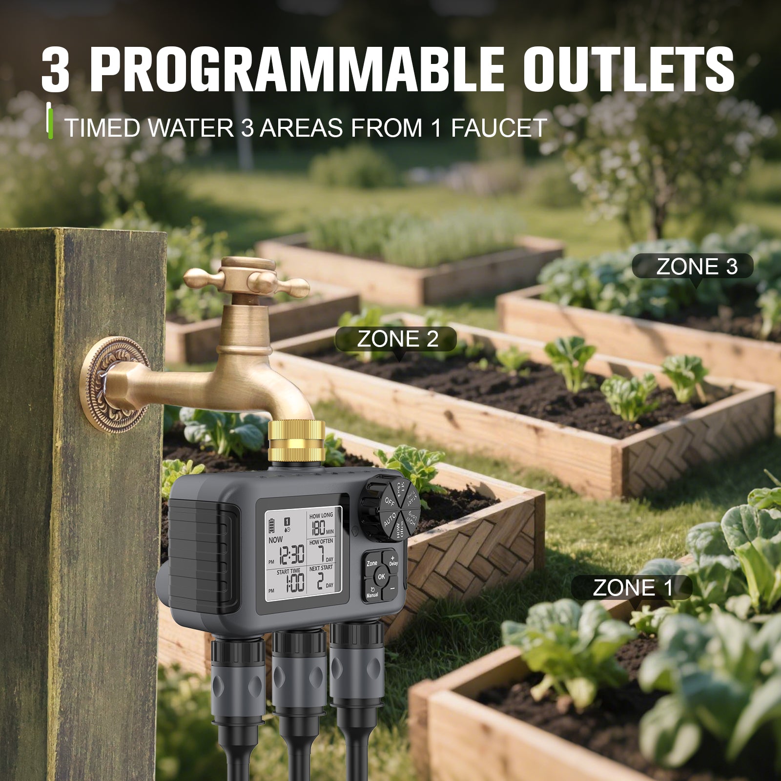 Hose Water Timer, Programmable Sprinkler Timer with Rain Delay/Manual/Automatic Drip Irrigation System for Garden Yard,3 Outlet