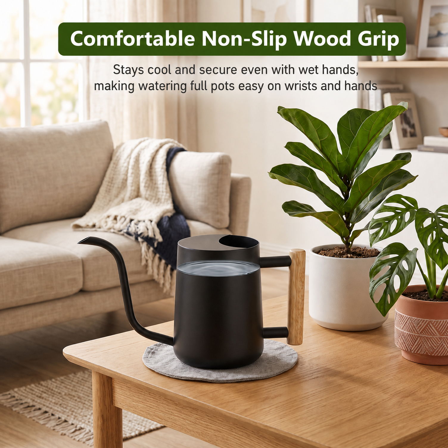Watering Can for Indoor Plants, 35oz/1000ml Metal Stainless Steel Small Watering Can with Long Spout for House Plants Succulents Bonsai Indoor Gardening - Black