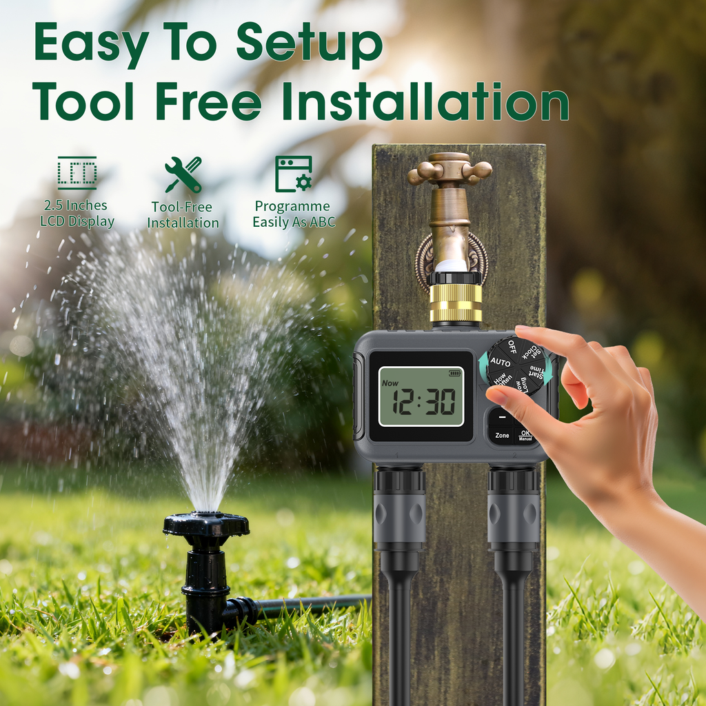 Hose Water Timer, Programmable Sprinkler Timer with Rain Delay/Manual/Automatic Drip Irrigation System for Garden Yard, 2 Outlet