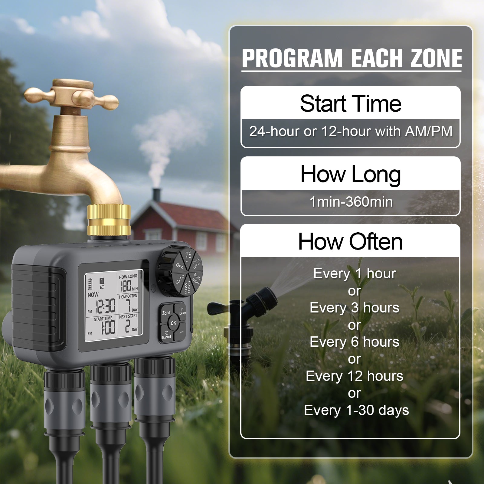 Hose Water Timer, Programmable Sprinkler Timer with Rain Delay/Manual/Automatic Drip Irrigation System for Garden Yard,3 Outlet