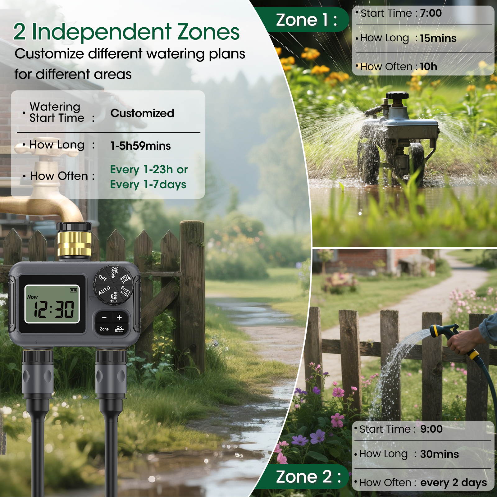 Hose Water Timer, Programmable Sprinkler Timer with Rain Delay/Manual/Automatic Drip Irrigation System for Outdoor Garden Yard, 2 Outlet