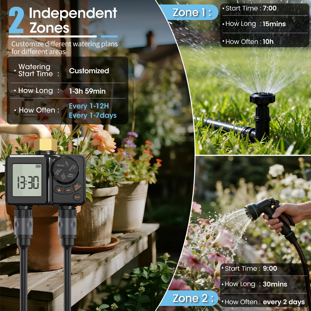 Rechargeable Battery Hose Water Timer, Programmable Sprinkler Timer with Rain Delay/Manual/Automatic Drip Irrigation System for Garden Yard, 2 Outlet