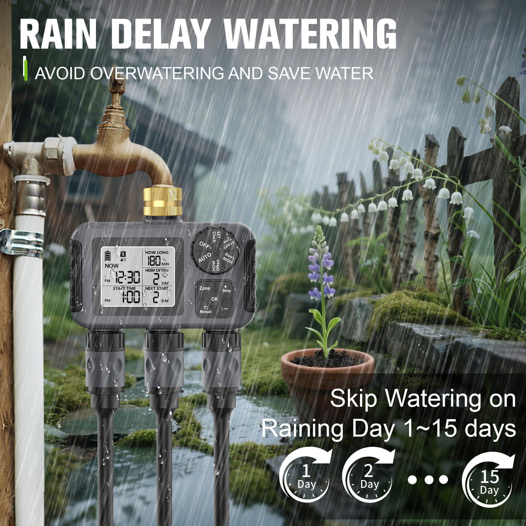 Hose Water Timer, Programmable Sprinkler Timer with Rain Delay/Manual/Automatic Drip Irrigation System for Garden Yard,3 Outlet