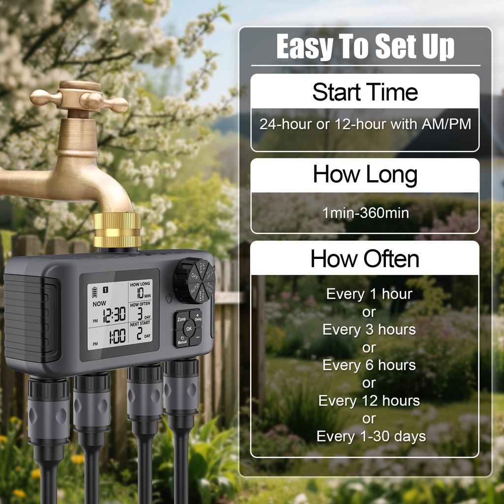 Hose Water Timer, Programmable Sprinkler Timer with Rain Delay/Manual/Automatic Drip Irrigation System for Outdoor Garden Yard, 4 Outlet