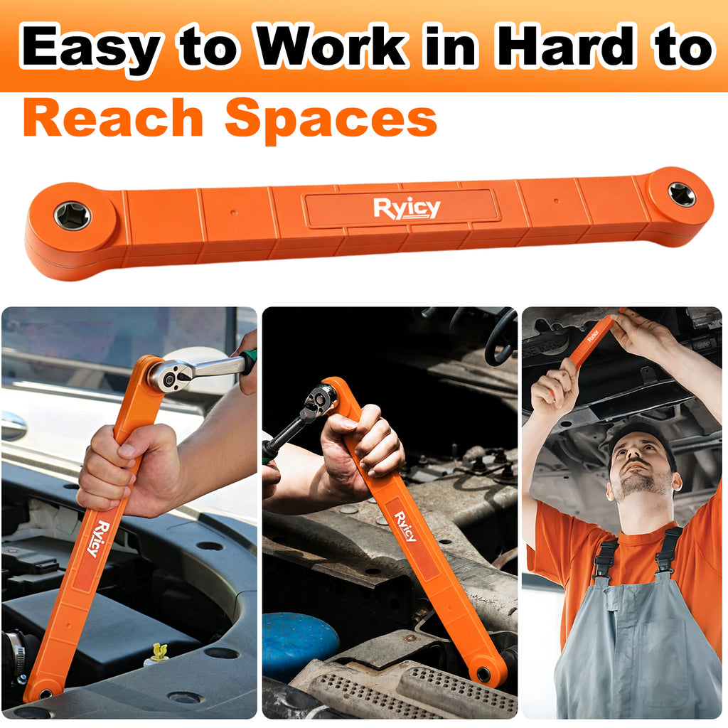 3/8-inch Offset Extension Wrench, Socket Wrench Extender Tool with Versatile 1/4", 3/8", 1/2" Square Drive Adapters and 1/4" Socket, Universal Extensions Wrench for Small Place