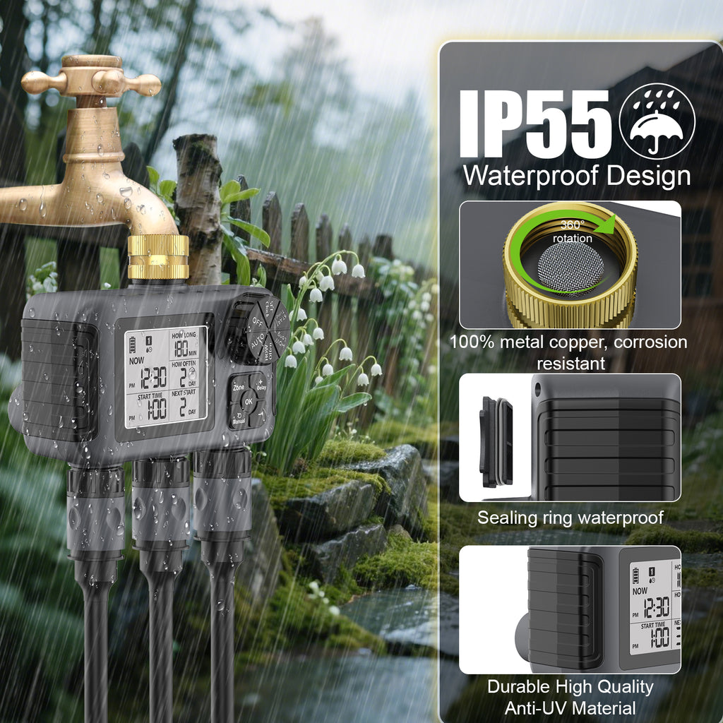 Hose Water Timer, Programmable Sprinkler Timer with Rain Delay/Manual/Automatic Drip Irrigation System for Garden Yard,3 Outlet