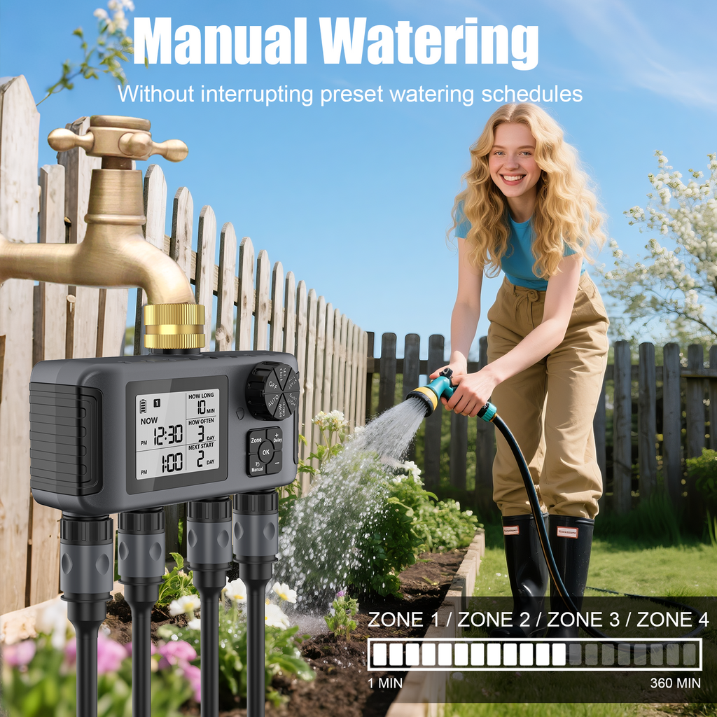 Hose Water Timer, Programmable Sprinkler Timer with Rain Delay/Manual/Automatic Drip Irrigation System for Outdoor Garden Yard, 4 Outlet