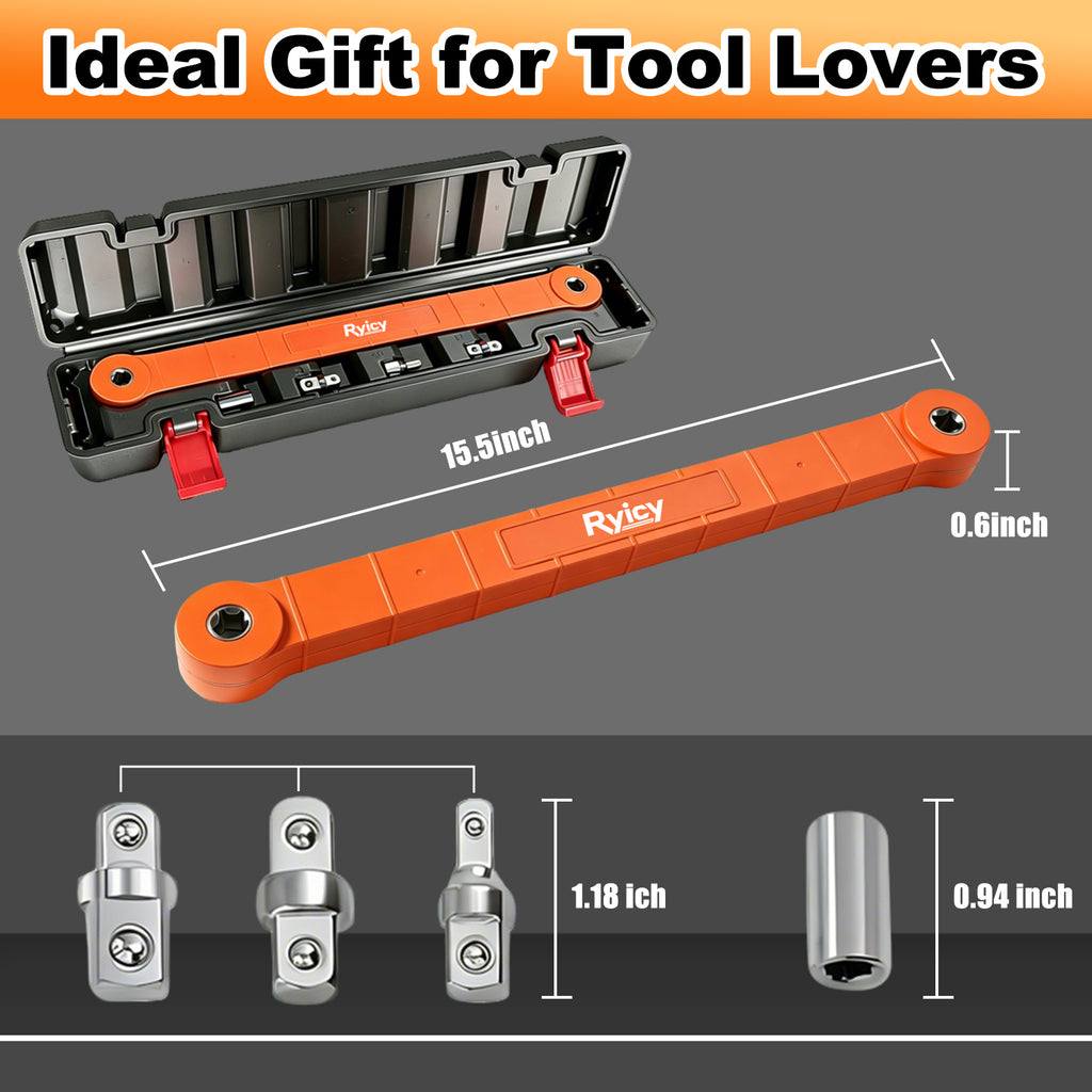 3/8-inch Offset Extension Wrench, Socket Wrench Extender Tool with Versatile 1/4", 3/8", 1/2" Square Drive Adapters and 1/4" Socket, Universal Extensions Wrench for Small Place