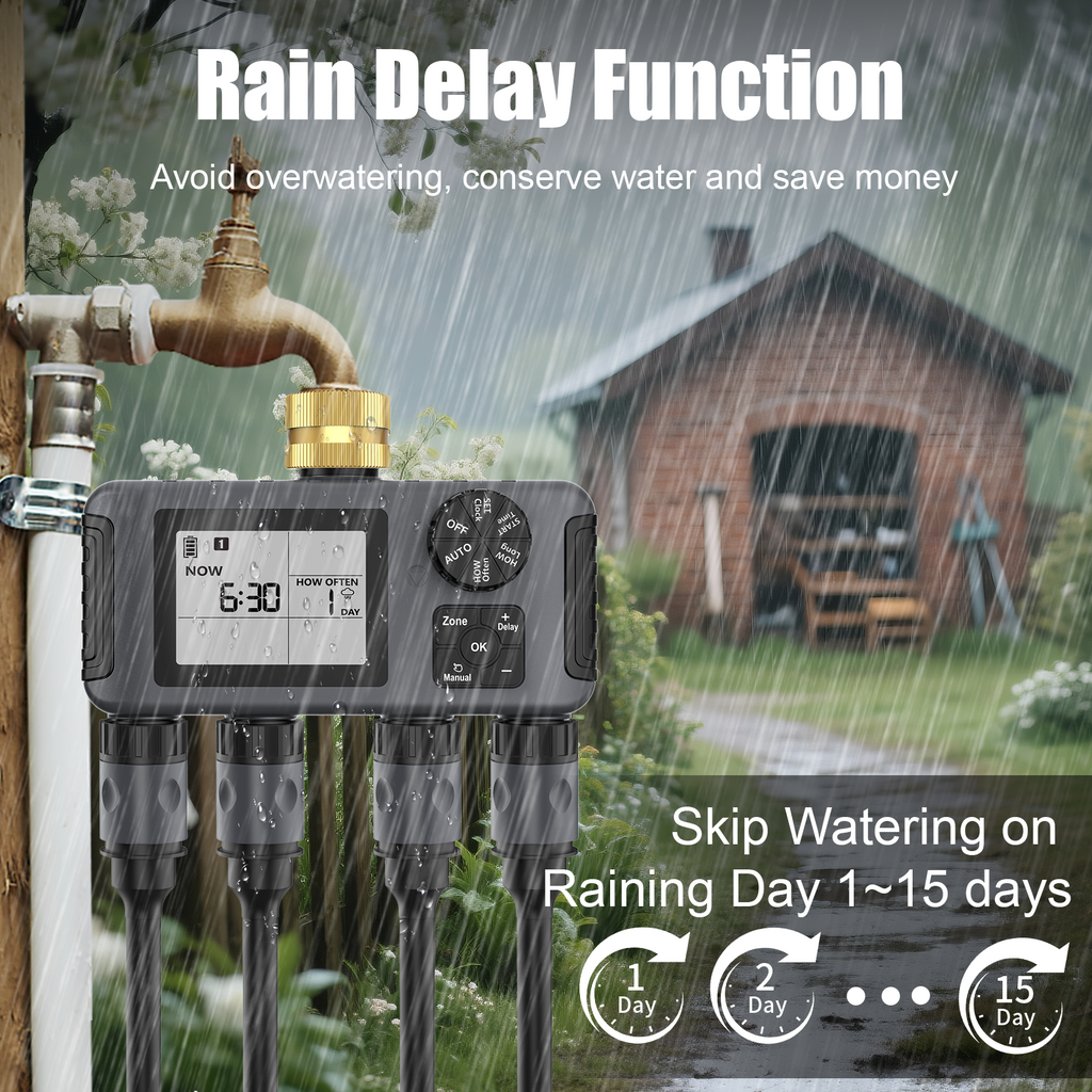 Hose Water Timer, Programmable Sprinkler Timer with Rain Delay/Manual/Automatic Drip Irrigation System for Outdoor Garden Yard, 4 Outlet