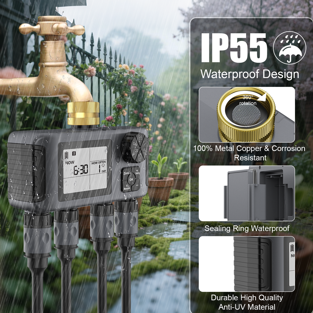 Hose Water Timer, Programmable Sprinkler Timer with Rain Delay/Manual/Automatic Drip Irrigation System for Outdoor Garden Yard, 4 Outlet