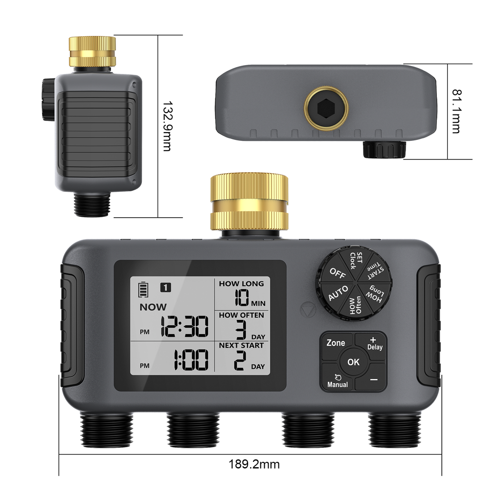 Hose Water Timer, Programmable Sprinkler Timer with Rain Delay/Manual/Automatic Drip Irrigation System for Outdoor Garden Yard, 4 Outlet