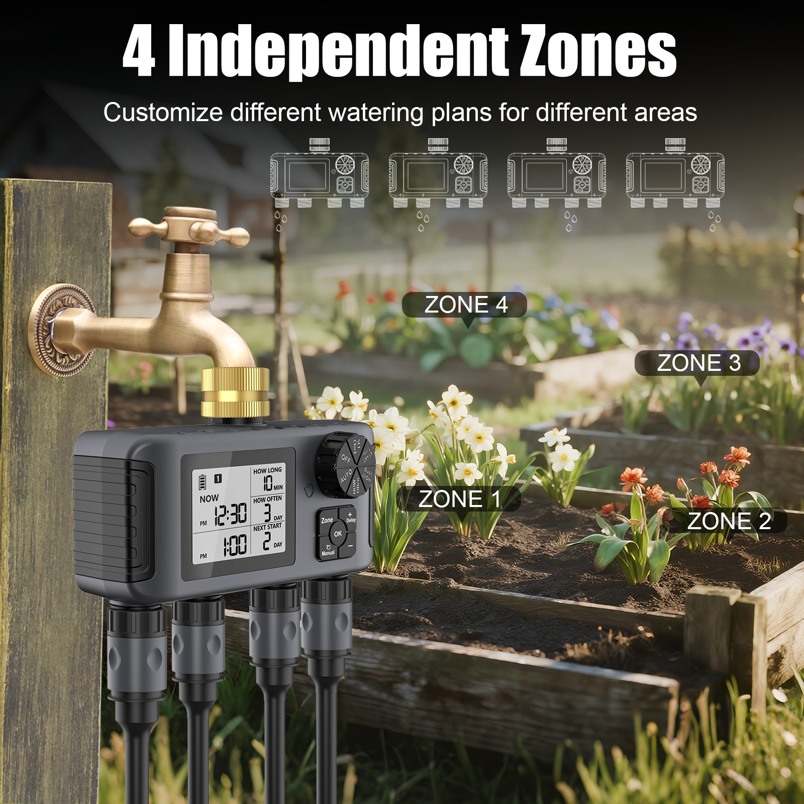 Hose Water Timer, Programmable Sprinkler Timer with Rain Delay/Manual/Automatic Drip Irrigation System for Outdoor Garden Yard, 4 Outlet