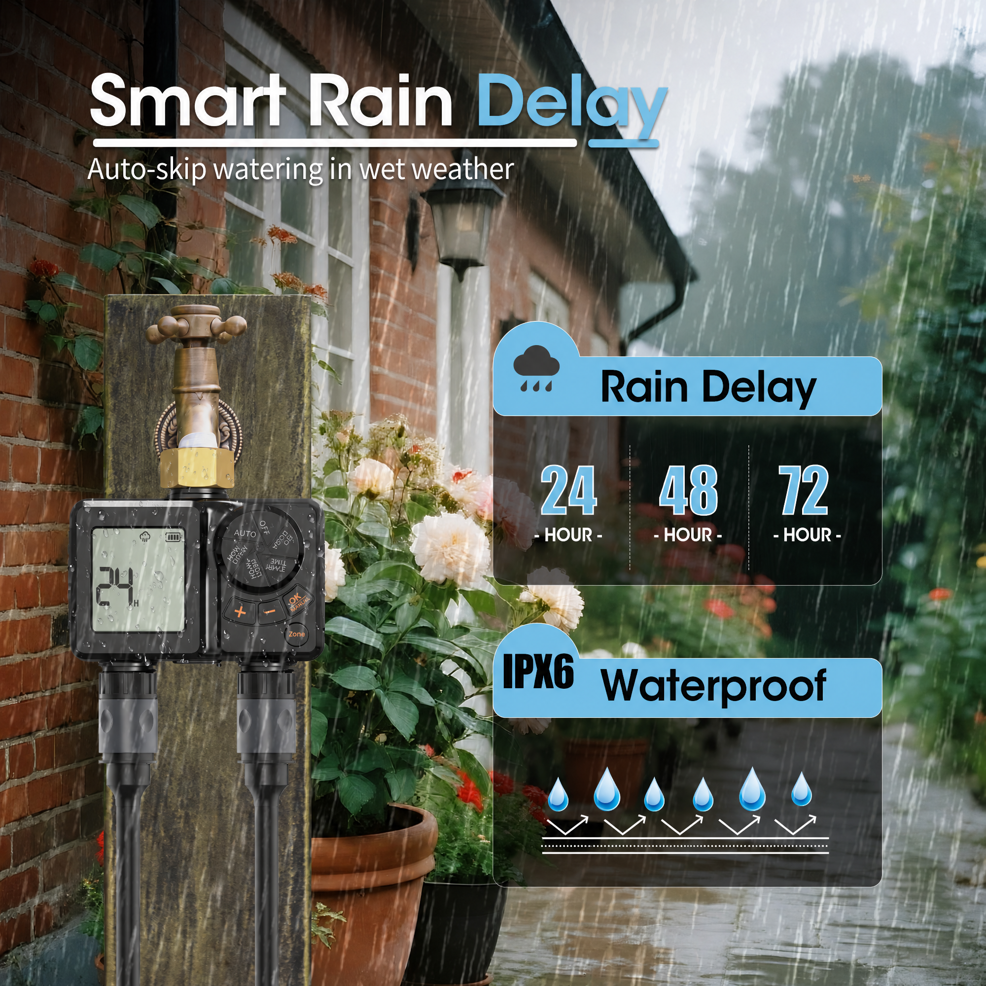 Rechargeable Battery Hose Water Timer, Programmable Sprinkler Timer with Rain Delay/Manual/Automatic Drip Irrigation System for Garden Yard, 2 Outlet