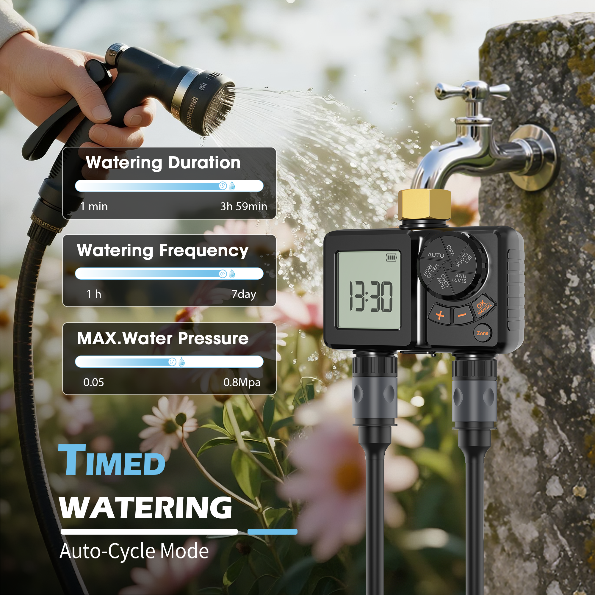 Rechargeable Battery Hose Water Timer, Programmable Sprinkler Timer with Rain Delay/Manual/Automatic Drip Irrigation System for Garden Yard, 2 Outlet