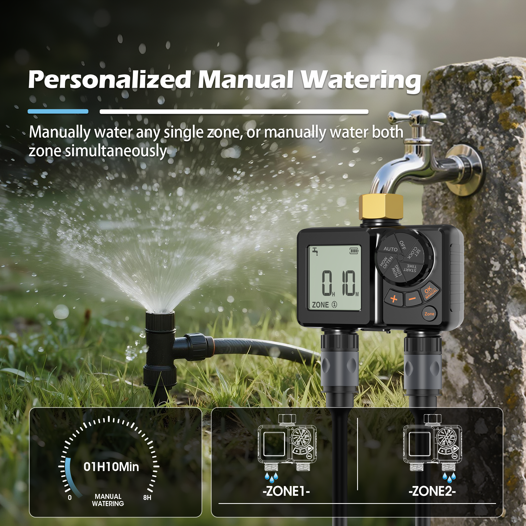 Rechargeable Battery Hose Water Timer, Programmable Sprinkler Timer with Rain Delay/Manual/Automatic Drip Irrigation System for Garden Yard, 2 Outlet